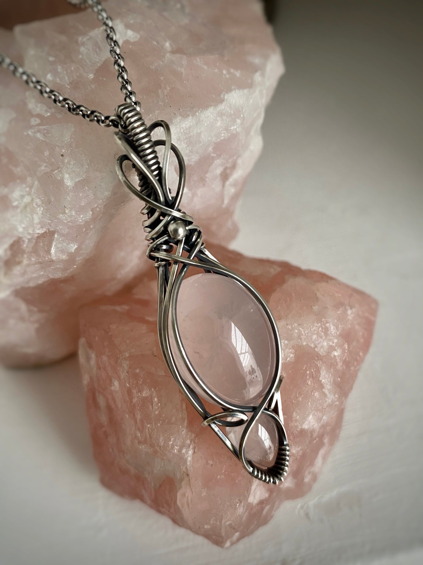 Rose Quartz Necklace in Antiqued Sterling