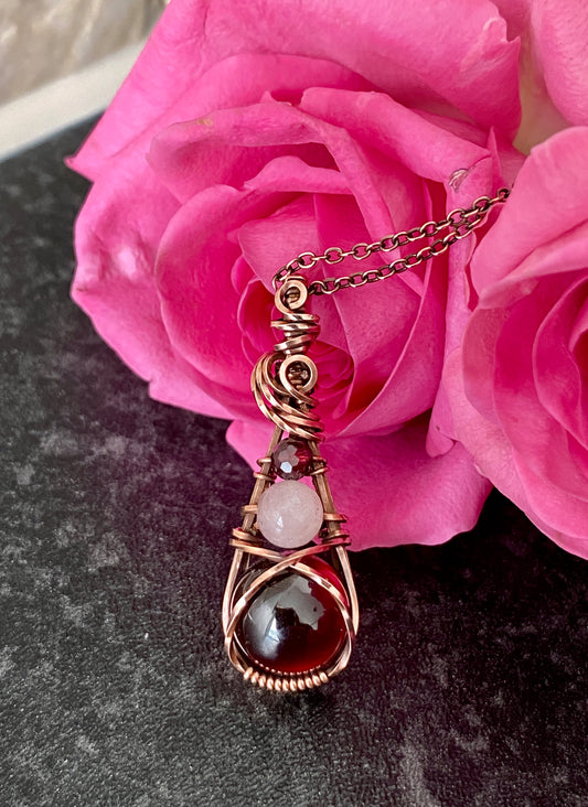 Garnet & Rose Quartz Trio Drop Solid Copper Necklace