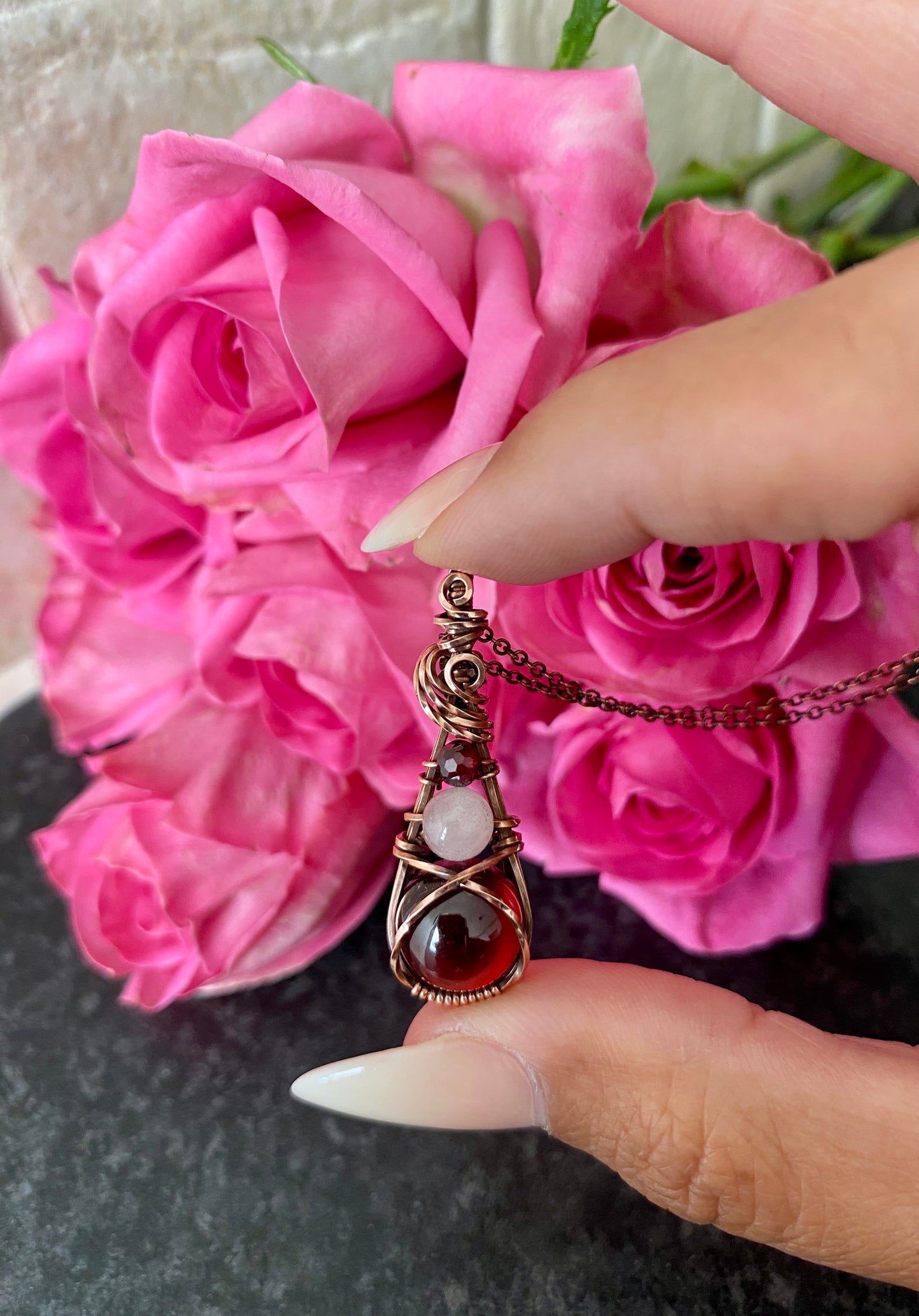 Garnet & Rose Quartz Trio Drop Solid Copper Necklace