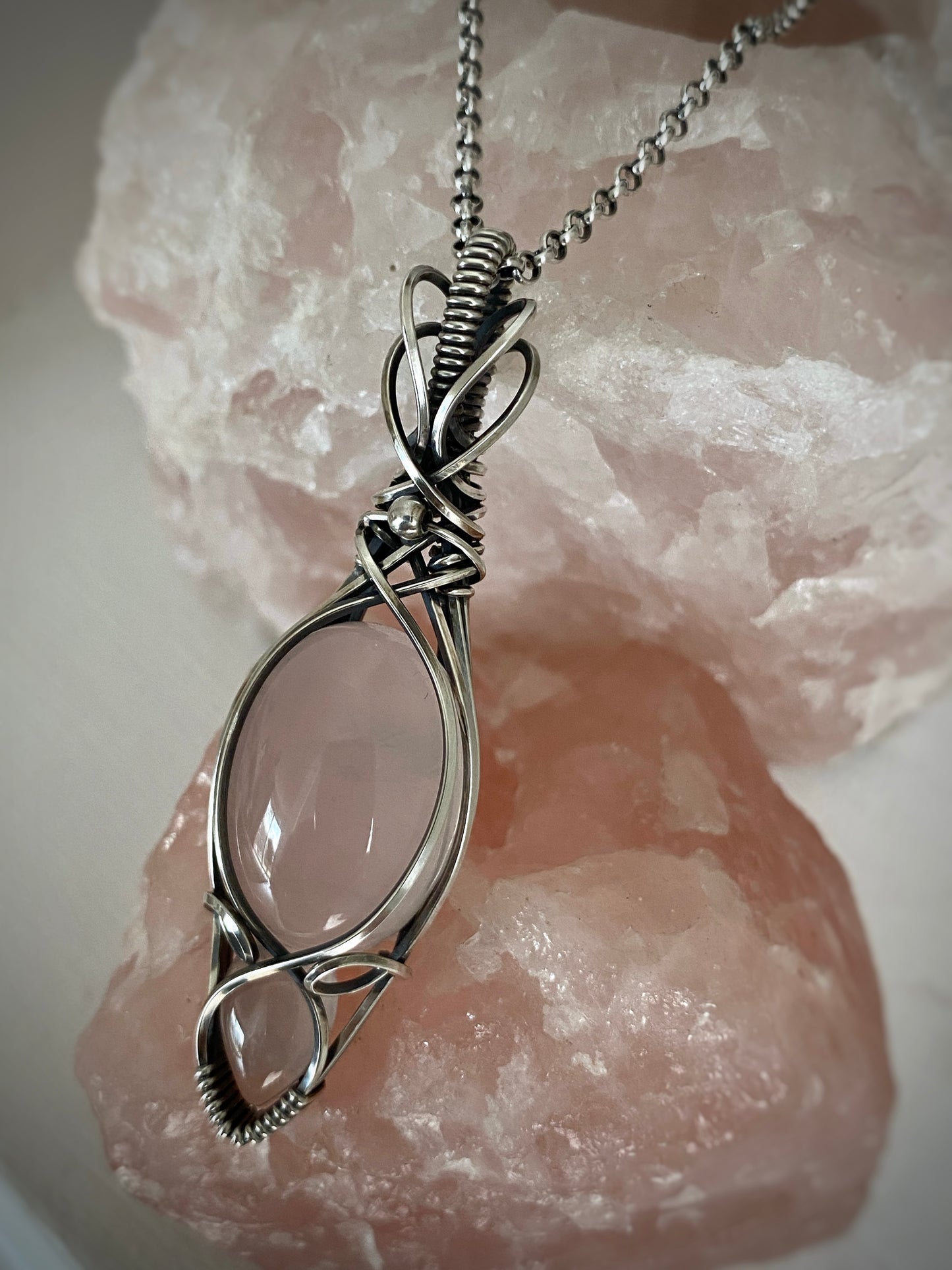 Rose Quartz Necklace in Antiqued Sterling