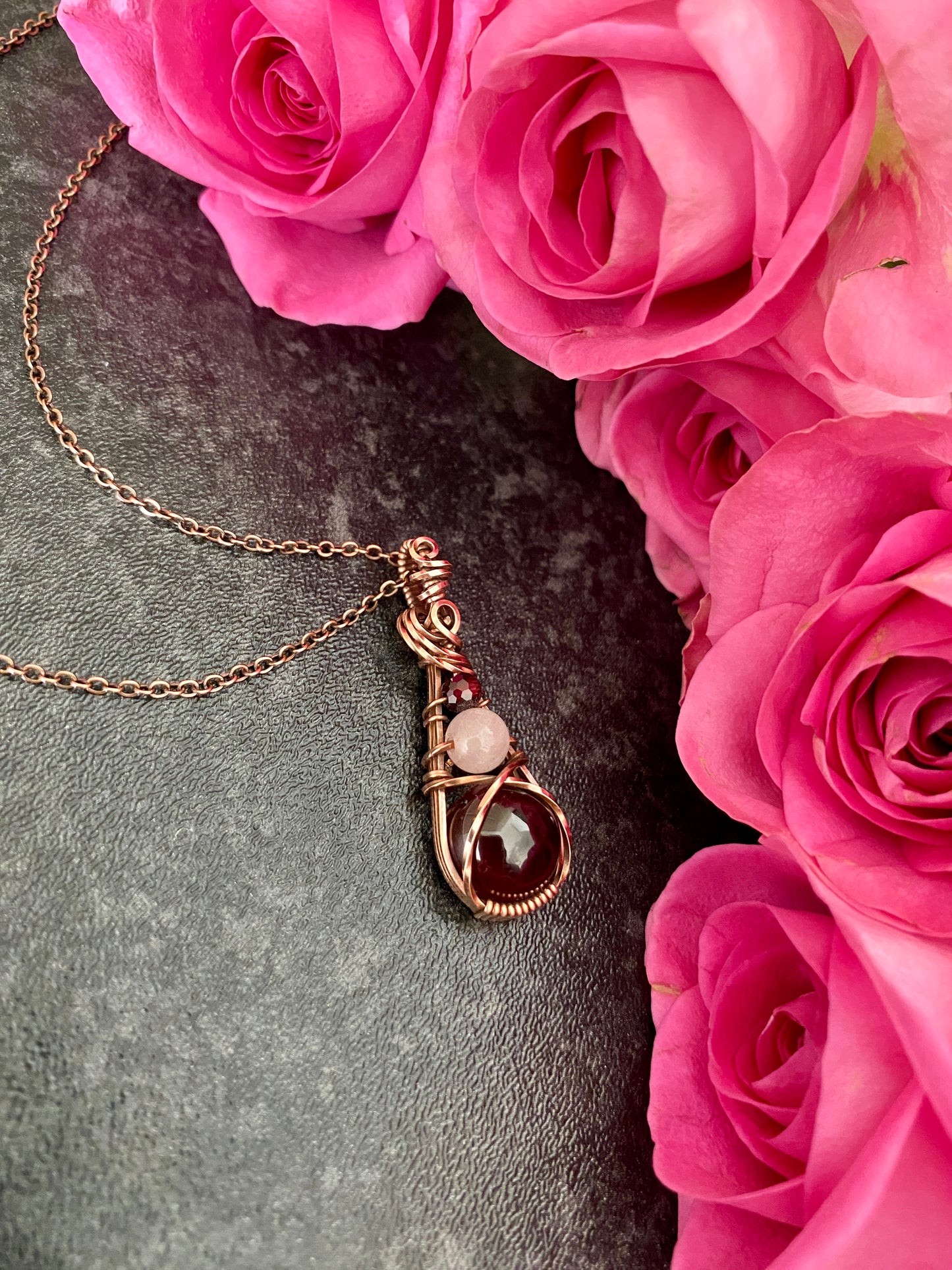 Garnet & Rose Quartz Trio Drop Solid Copper Necklace