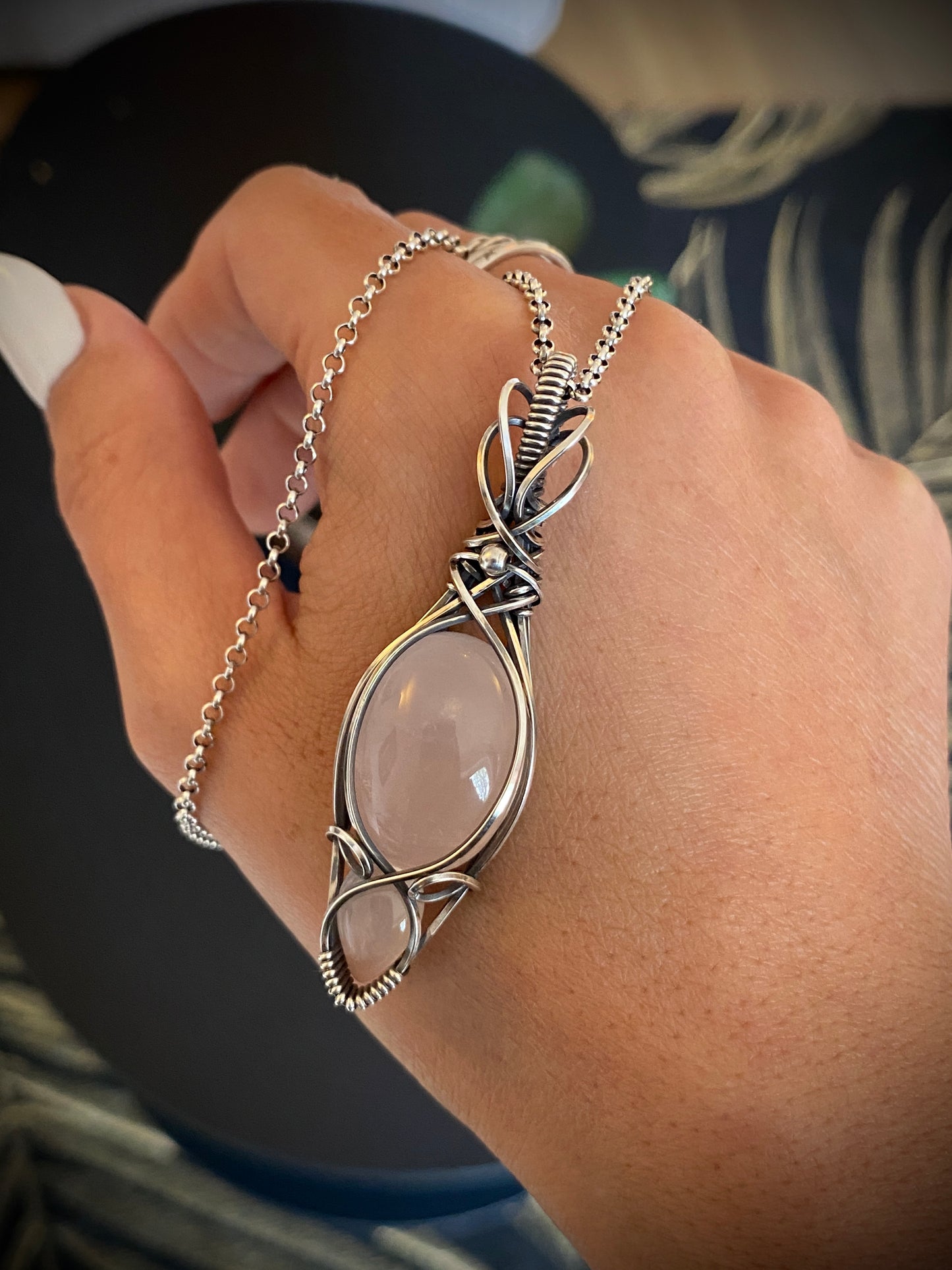 Rose Quartz Necklace in Antiqued Sterling