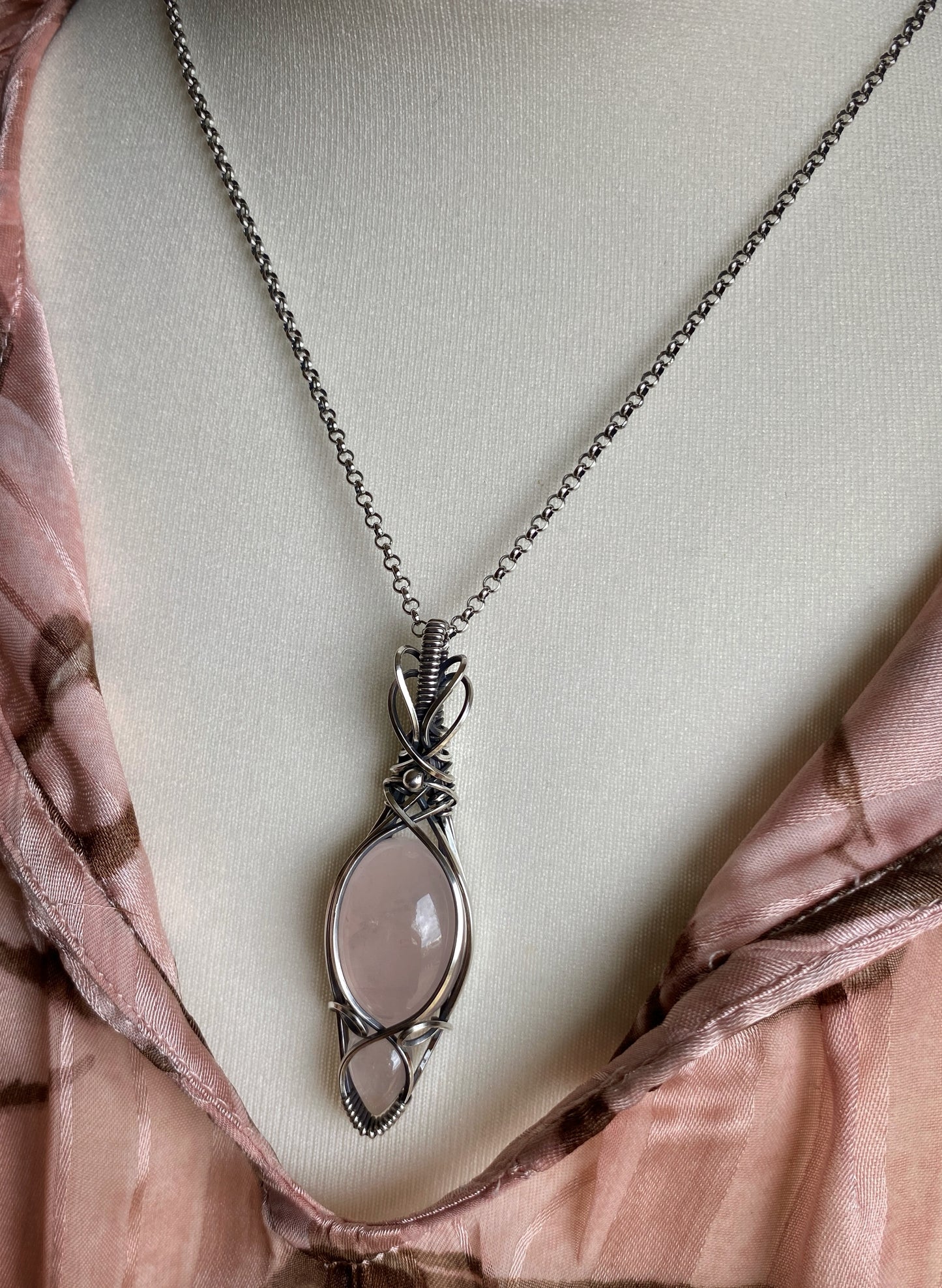 Rose Quartz Necklace in Antiqued Sterling