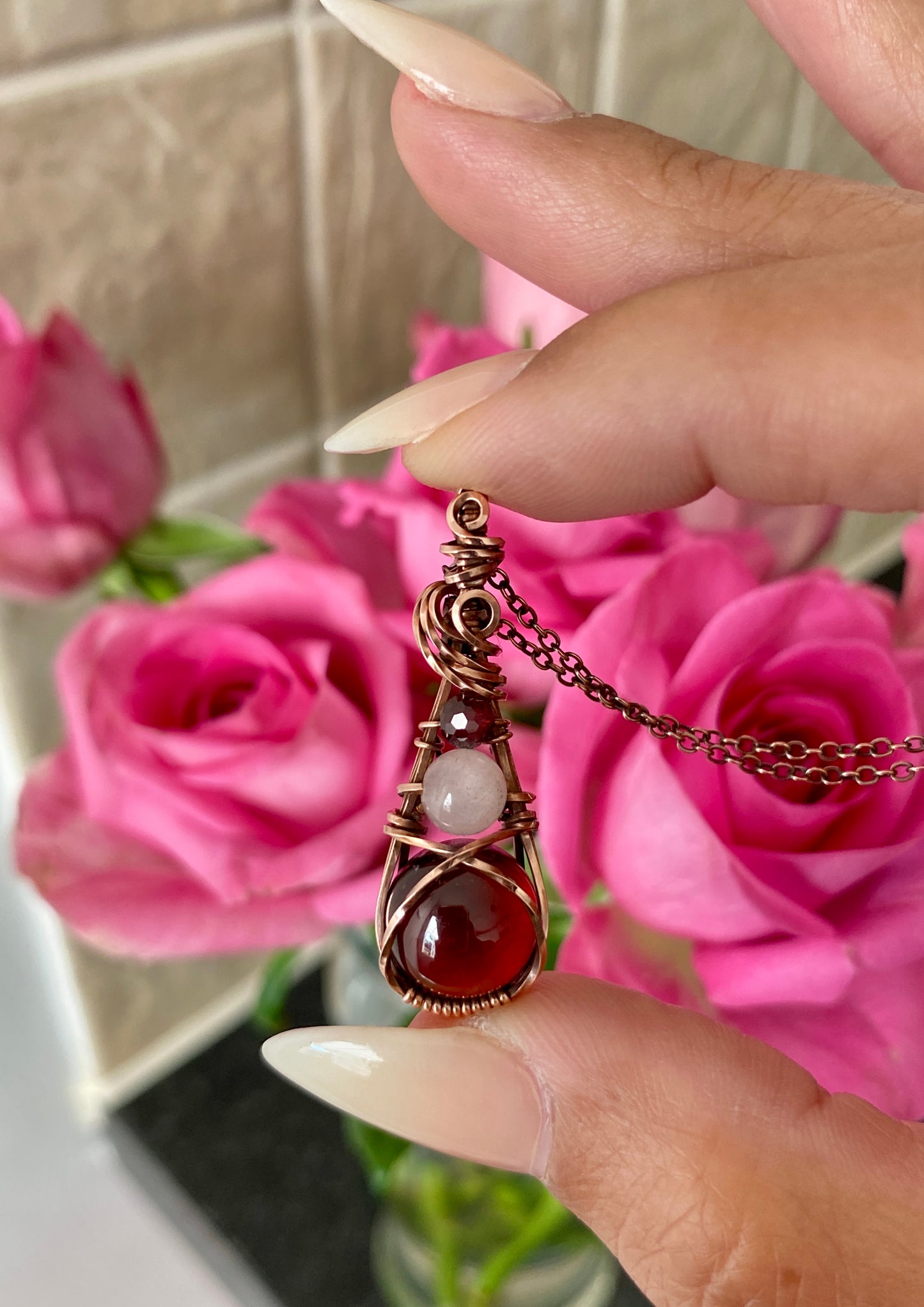 Garnet & Rose Quartz Trio Drop Solid Copper Necklace