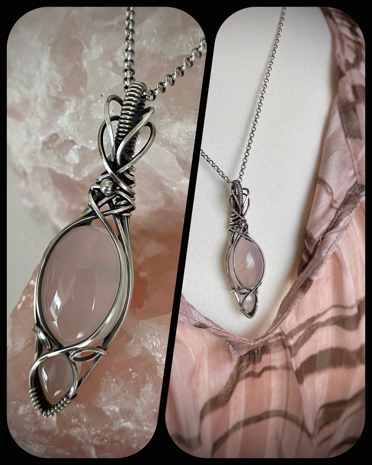 Rose Quartz Necklace in Antiqued Sterling